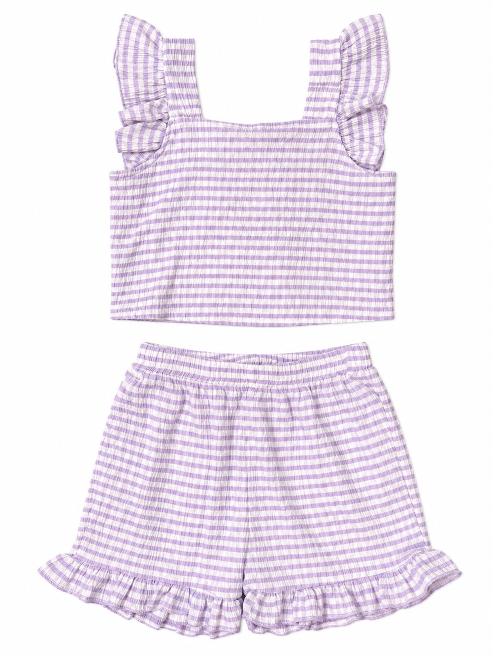 Purple Gingham Two Piece Ruffle Shorts Outfit